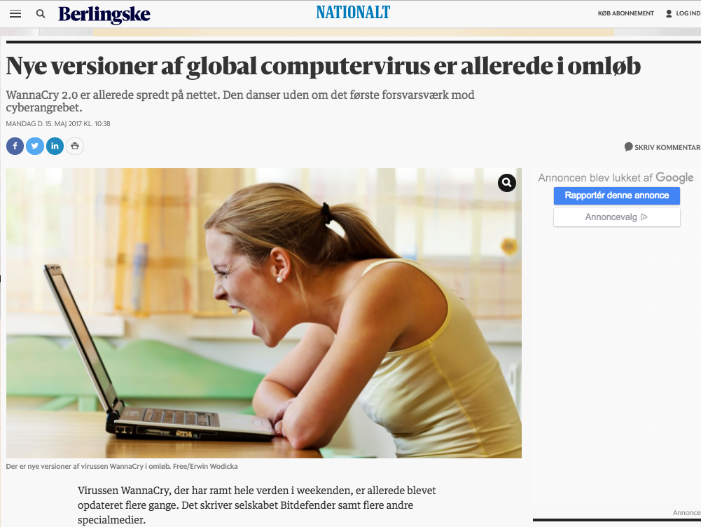 Bitdefender Berlingske Bitdefender artikel i Berlingske med overskriften "Nye versioner af global computervirus er allerede i omløb."