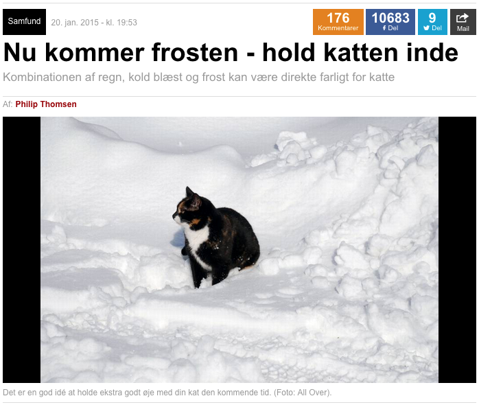 Agria i Ekstra Bladet Agria artikel i Ekstra Bladet med titlen Nu kommer frosten - hold katten inde.