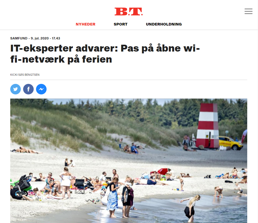 Bitdefender BT Bitdefender artikel i BT med overskriften "IT-eksperter advarer: Pas på åbne wifi-netværk i ferien."