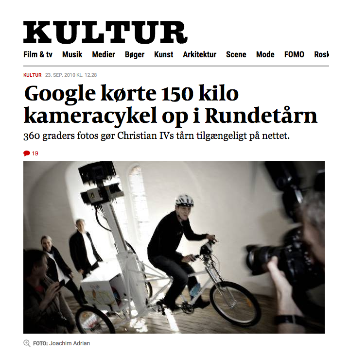 Google Politiken Artikel i Politiken Kultur med overskriften "Google kørte 150 kilo kameracykel op i Rundetårn."