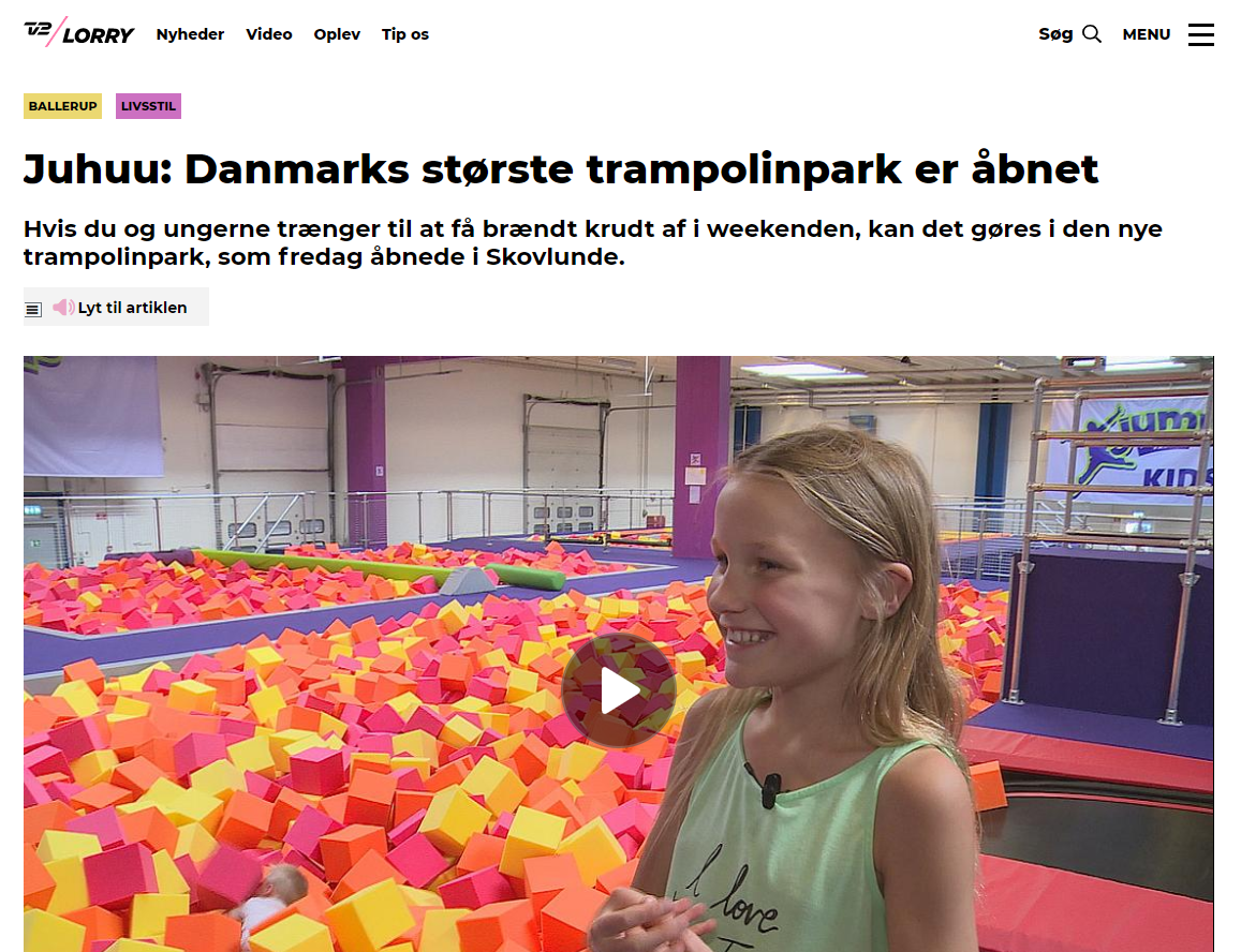 XJump Trampolinpark Case 2 Artikel på TV 2 Lorry, med TV-indslag om åbningen af XJumps Trampolinpark i Skovlunde.