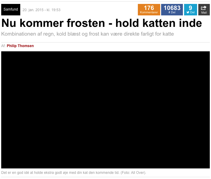 Agria artikel i Ekstra Bladet med titlen Nu kommer frosten - hold katten inde.