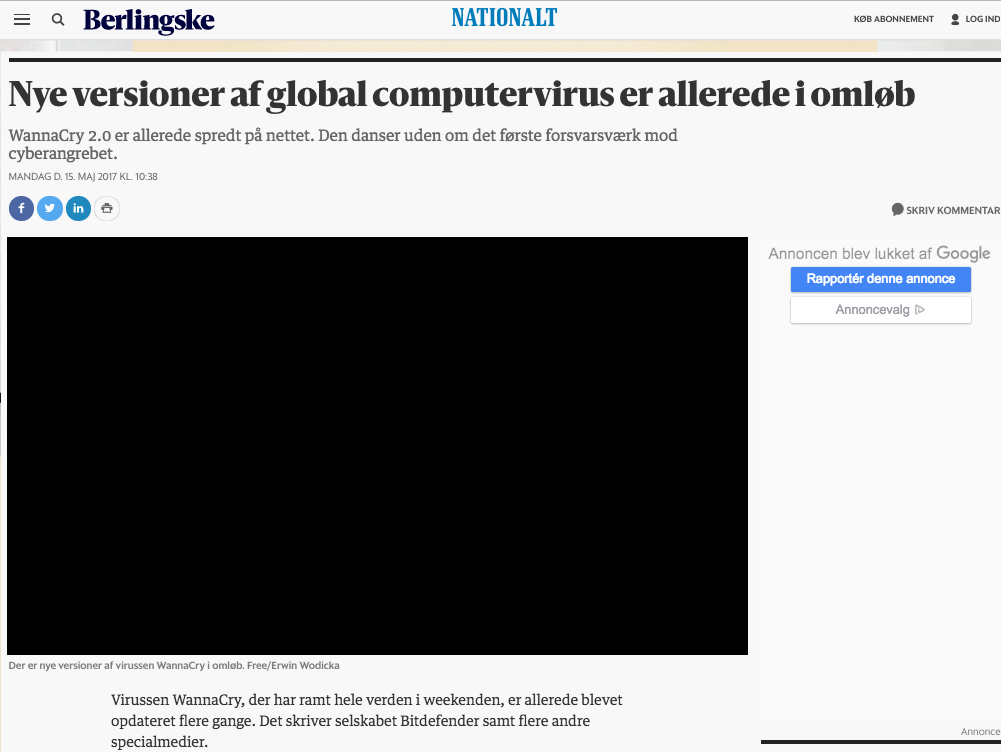 Bitdefender artikel i Berlingske med overskriften "Nye versioner af global computervirus er allerede i omløb."